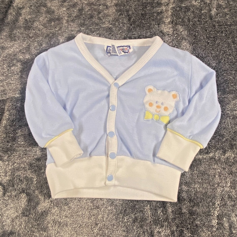 Vintage 80s Doe Spun Bear Balloon Applique‎ Blue Snap Cardigan Sweater 3-6 mo